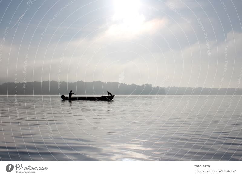 Fishing Boat II Fishing (Angle) Fisherman Man Adults Nature Water Sky Fog River Fishing boat Watercraft Motor barge Dog Catch Together Natural Blue Gray Black