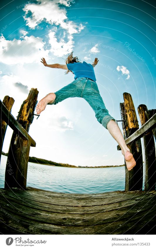 Jumps in the air (7) Lake Footbridge Man Masculine Dark Back-light Clouds Beautiful weather Summer Hot Swimming & Bathing Hop Fisheye Beginning Go up Career