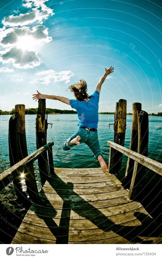 Jumps in the air (6) Lake Footbridge Man Masculine Dark Back-light Clouds Beautiful weather Summer Hot Swimming & Bathing Hop Fisheye Beginning Go up Career Joy