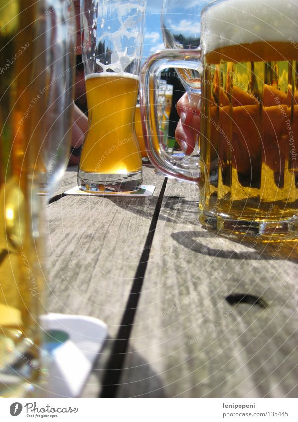 Finally!* Beer Summer Beer garden Friendship Hiking Drinking To enjoy Wheat Physics Table Rustic Foam Fresh Weekend Together Good mood Hand Cold Beverage