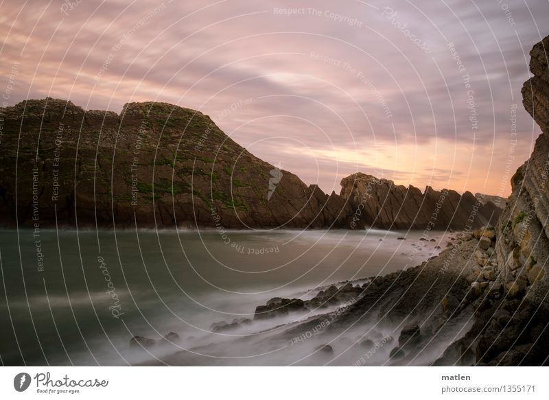 bay Nature Landscape Sky Clouds Horizon Sunrise Sunset Weather Beautiful weather Rock Waves Coast Beach Bay Reef Ocean Gigantic Maritime Brown Gray Green Pink