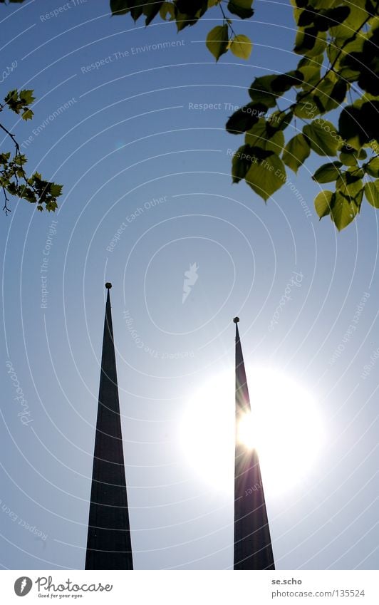 ray of hope Church spire Back-light Leaf canopy Summer's day Bright Light Floodlight Awareness House of worship Religion and faith Sun Sky flood of light