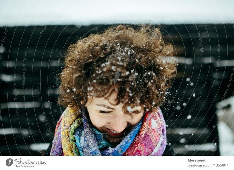 Winter fun Young woman Youth (Young adults) Adults Head Hair and hairstyles 1 Human being 18 - 30 years Wind Snow Snowfall Scarf Brunette Curl To enjoy Smiling