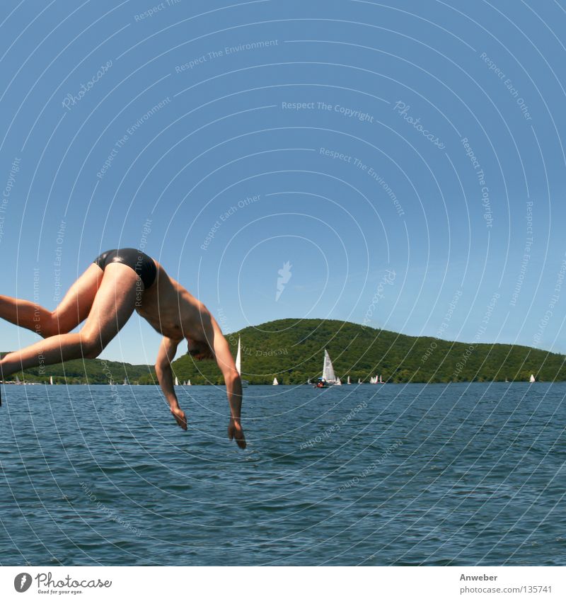 Edersee in North Hesse - Jump into the cool water Happiness Sailing trip Eder valley Summer Swimmer (professional sportsman) Summer vacation Europe Man Waves