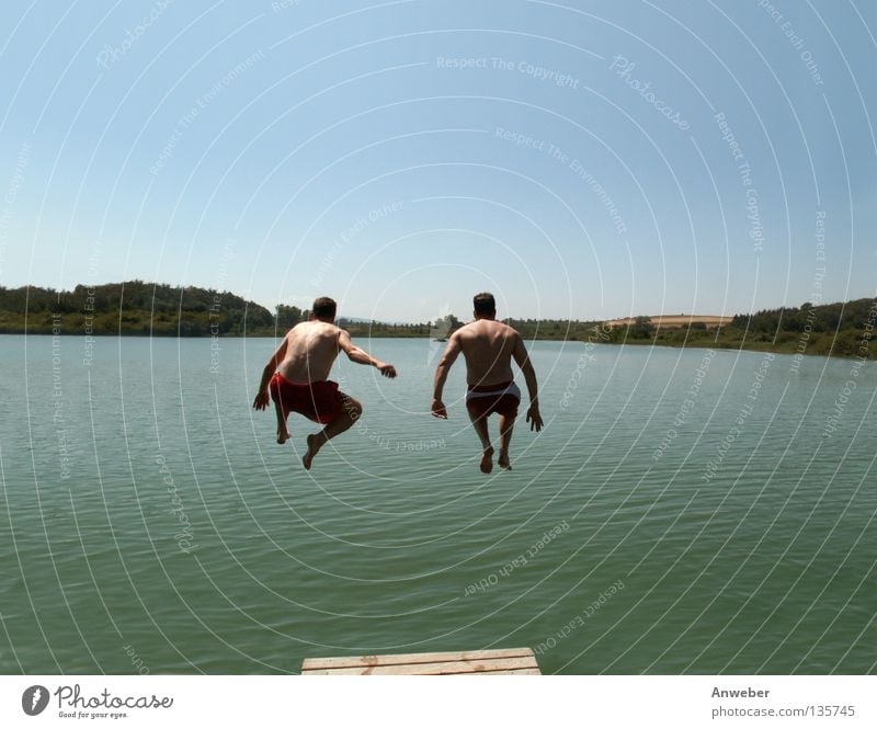 Mindelsee near Lake Constance - jump into the cool water Black Forest Jump Friendship 2 Human being Germany Baden-Wuerttemberg Man Footbridge Summer vacation