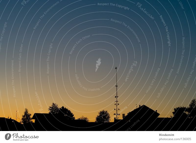 Upper Bavarian Maypole idyll May tree Sunset Silhouette House (Residential Structure) Tree Calm Twilight Blue-black Graphic Vertical Beautiful Sky Colour Orange