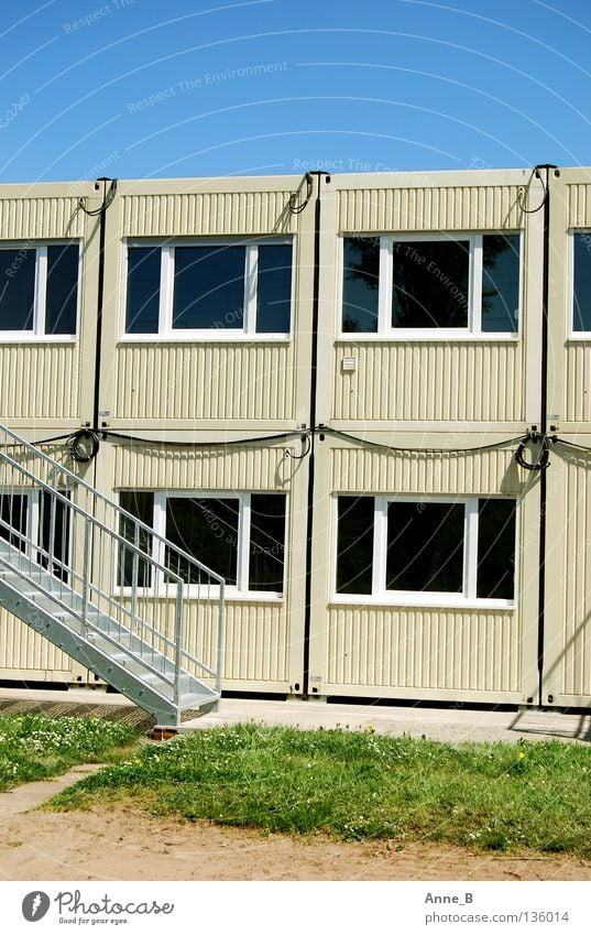 container landscape Cable Sky Beautiful weather Grass Architecture Container Stairs Window Steel Simple Blue Gray Green Beige Construction site Colour photo