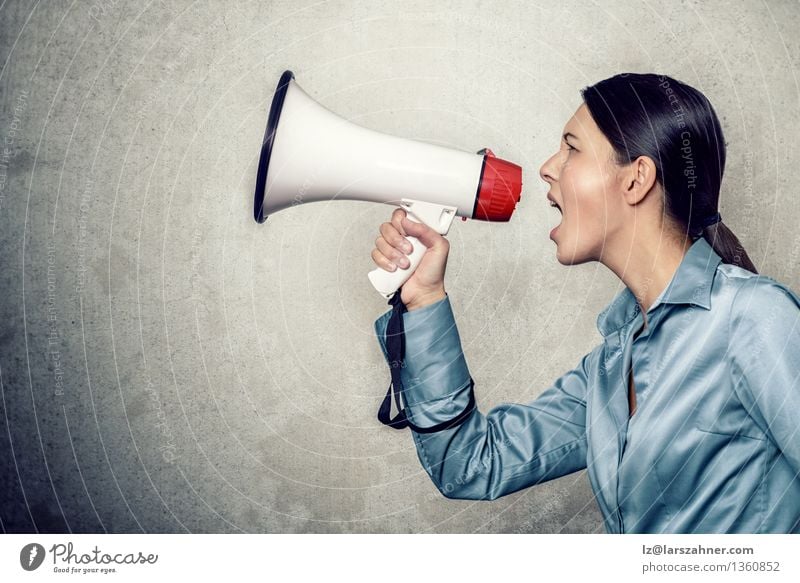 Woman in Long Sleeves Silk Shirt, Shouting with Megaphone Loudspeaker Adults Tube Modern advert advertisement aggressive announcement communication