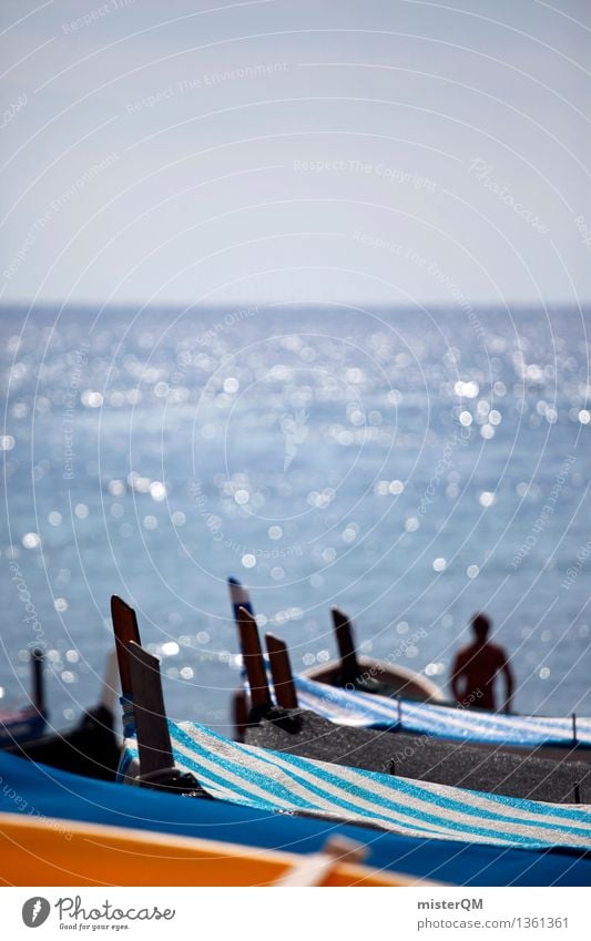 Boats on the beach. Art Work of art Esthetic Ocean Sea water Beach life Watercraft Blur Mediterranean South Italy Gondola (Boat) Blue Vacation photo