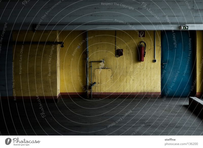 dashes of colour Parking garage Concrete Gray Gloomy Extinguisher Yellow Building Garage Underground garage Parking level Escape route Detail Derelict