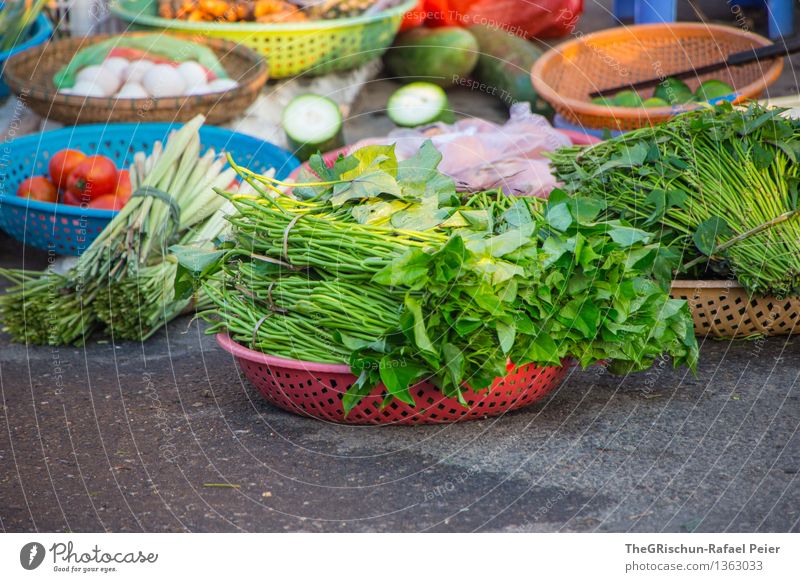 vegetables Food Vegetable Lettuce Salad Blue Multicoloured Green Violet Red Black White Sell Markets Basket Herbs and spices Tomato Cucumber Colour photo