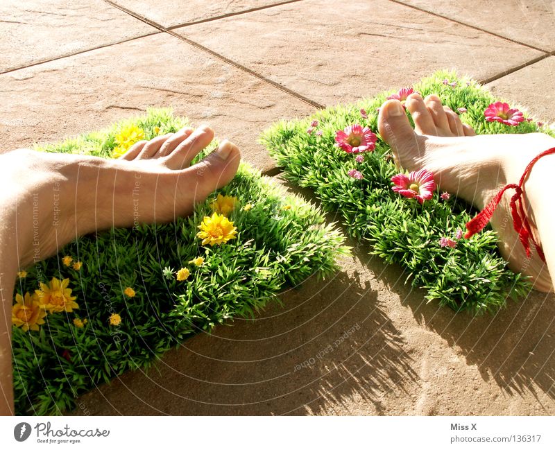 plastic slippers Colour photo Exterior shot Detail Vacation & Travel Summer Flat (apartment) Garden Feet Spring Flower Grass Blossom Balcony Terrace Yellow