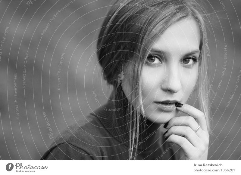 Black and white close up portrait of a young woman Young woman Youth (Young adults) Skin Head Hair and hairstyles Face Eyes Hand 1 Human being 18 - 30 years