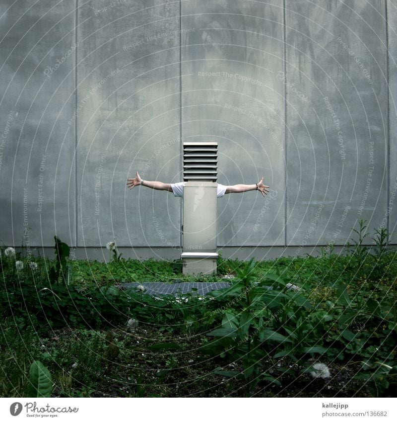 design-ervogelscheuche Man Robot Ventilation Air Slit Meadow Tin Grass Aluminium Machinery Wall (barrier) Concrete Crucifix Astronaut Style Lifestyle Crazy