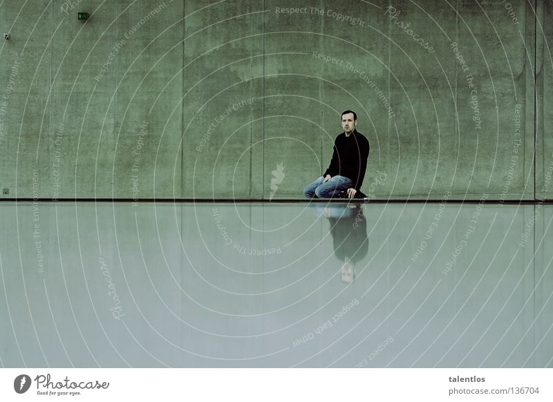 pretty lonesome Man Loneliness Mirror Gray Shirt Wall (building) Cold Gloomy Reflection Concrete Grief Distress Modern Sit Jeans Kneel