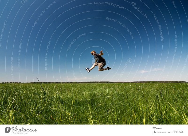 freakout sunday V Handstand Relaxation Action April Baseball cap To enjoy Grass Green Light blue Man Masculine Cap Rest Sky Summer Sunday Jump Style White