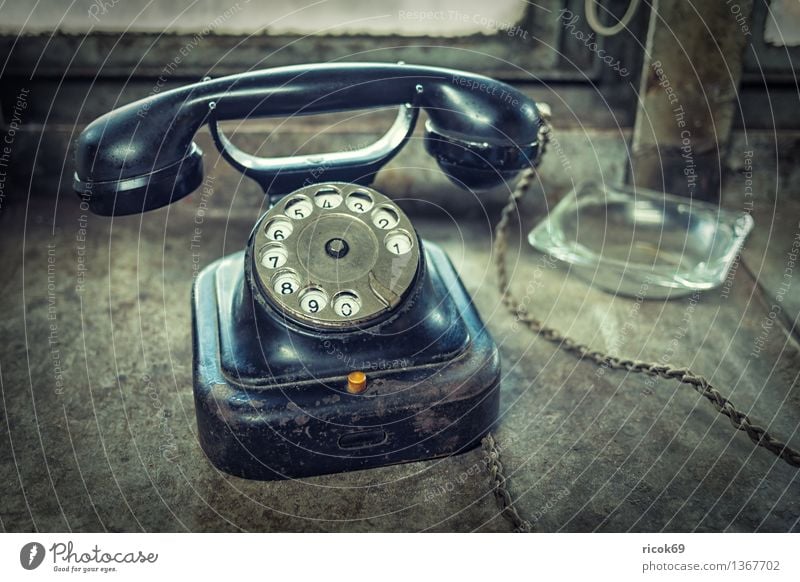 Phone Telephone Technology Telecommunications Old Historic Black Nostalgia Tradition Rotary dial make a phone call technique Communicate Ashtray Chain earpiece