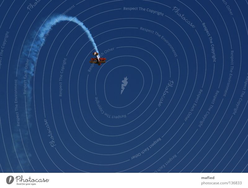 no way out Airplane Vapor trail Aerobatics Air show Aerial maneuver Speed Acrobatics Engines Wing White Kick Titillation Sky Flying Blue Freedom Thrill