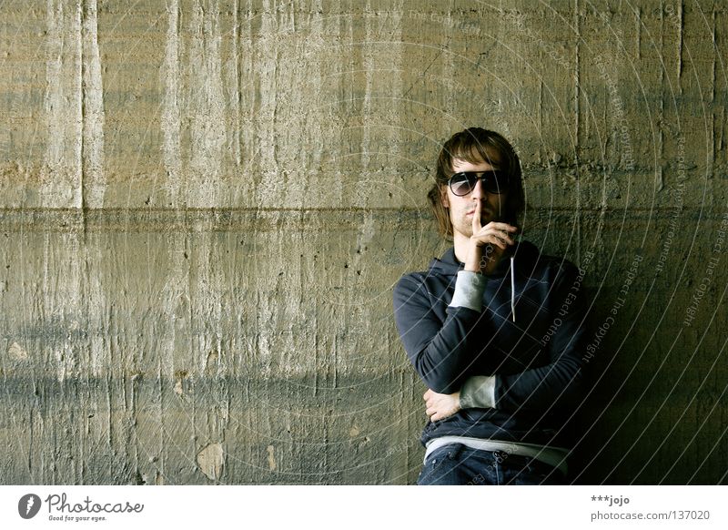 shh. Self portrait Man Sunglasses Pornography Eyeglasses Calm Wall (building) Old Concrete Lean Dirty Tumbledown Massive Stripe Loud Crash Annoy Volume