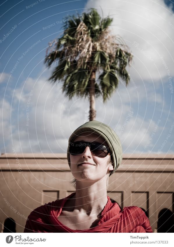 My Palm Lady Woman Eyeglasses Sunglasses Neckerchief Baseball cap Cap Headwear Self-confident Challenging Joy Happiness Funny Clouds Palm tree Tree Palm frond