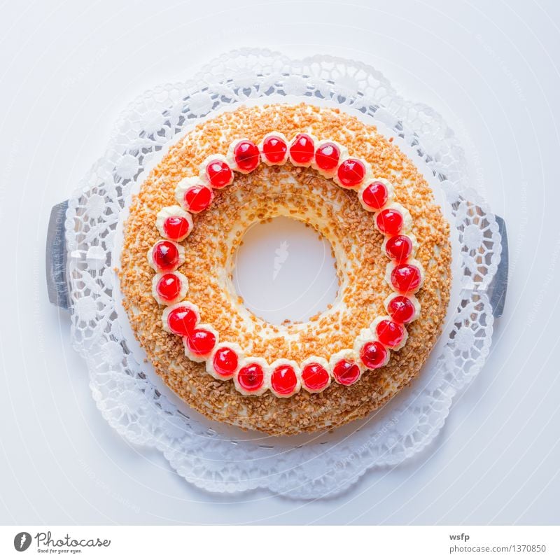 Frankfurt wreath with cherries on white background Cake Dessert White frankfurt wreath butter cream cake annular Cherry foam pastries Cream Gateau cake top