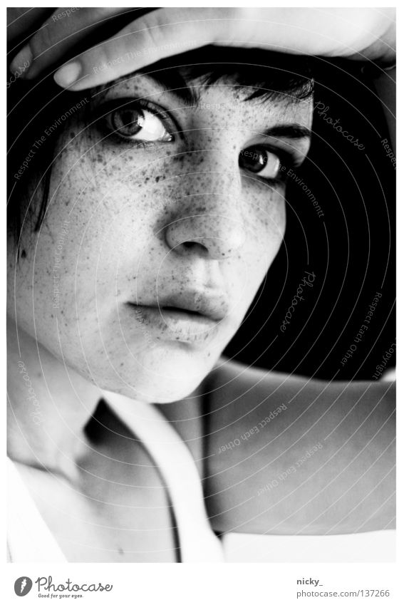 what took you so long Woman Black White Portrait photograph Freckles Hand Fingers Mouth Nose Eyes Face Arm