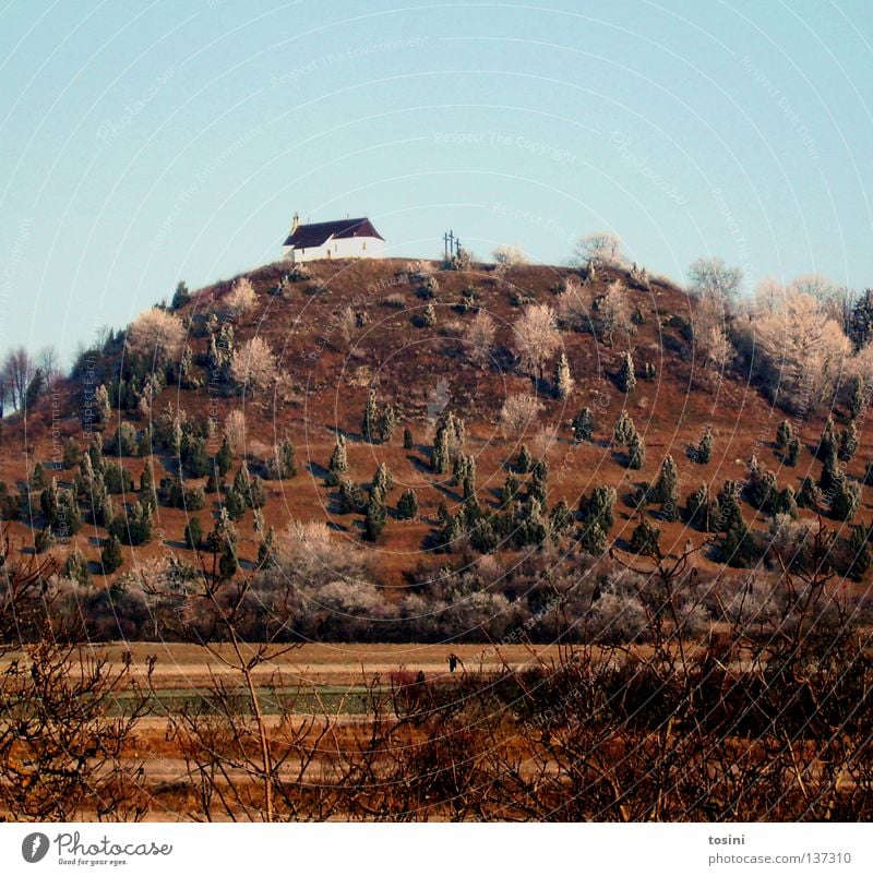 chapel Religion and faith Church Chapel Crucifix Christian cross Landscape Sky Tree Mountain Hill Bushes Field elevation