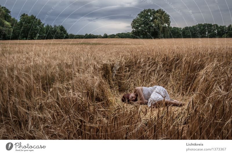 in one's dreams Feminine Young woman Youth (Young adults) 1 Human being 18 - 30 years Adults Clouds Storm clouds Sunrise Sunset Summer Cornfield Field Dress