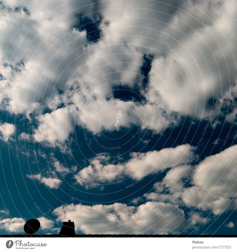 Minimalism in its purest form Clouds Dark House (Residential Structure) Satellite dish Roof Dish antenna Cloud field Blue Dramatic Storm Chimney Sunlight