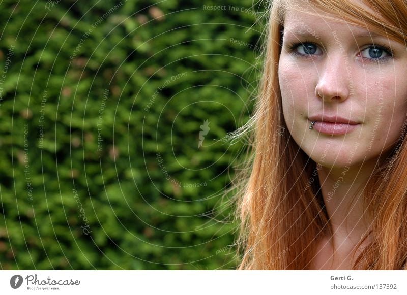 magical Complexion Enchanting Attraction Portrait photograph Beautiful Woman Young woman Red-haired Long-haired Piercing Pure Looking Bushes Conifer Green Eyes