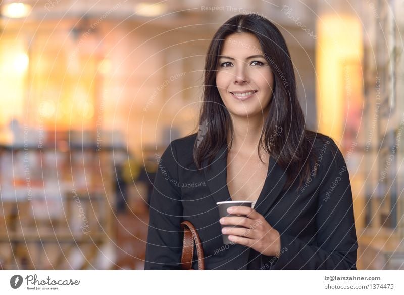 Smiling Businesswoman with Coffee Sitting on Bench Espresso Beautiful Face Woman Adults Brunette Paper Wait Black Self-confident attractive bag break