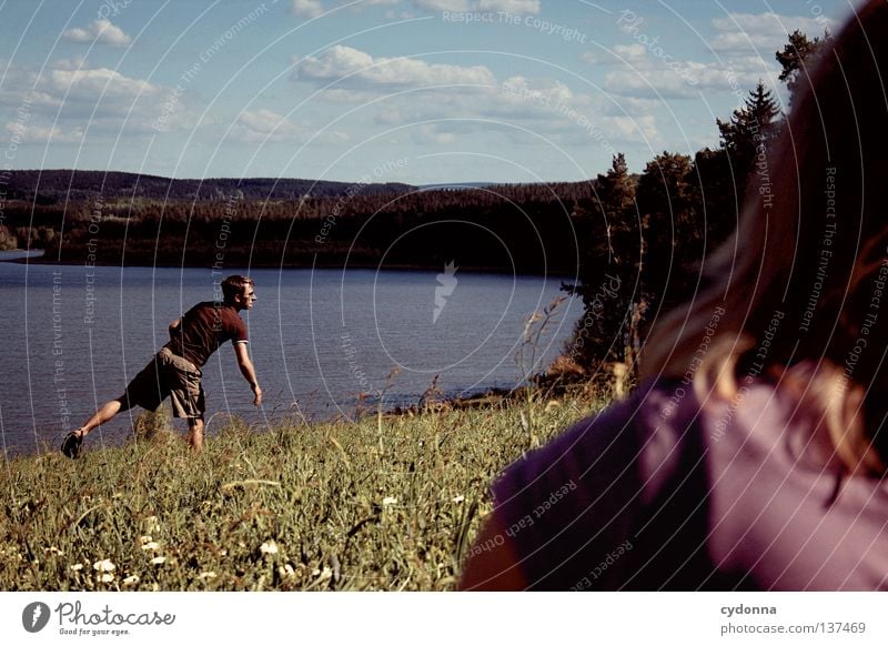 Thoughts fly ... Playing Leisure and hobbies Frisbee Catch Panorama (View) Spring Summer Friendship Breathe Romp Clouds To enjoy Relaxation Lake Reservoir