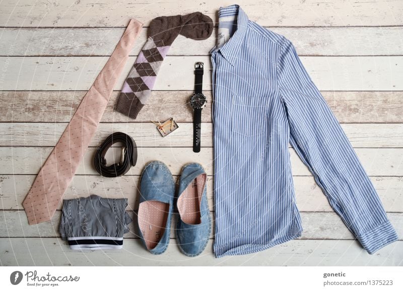 Super still life - Men Fashion Shopping Design knolling Super Still Life Tie Underpants Footwear Shirt Wristwatch Belt socks matches Colour photo Studio shot