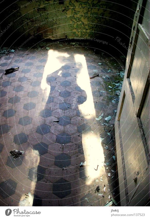 Into the darkness Light Floor covering Pattern Wall (building) Green Dirty Derelict Plaster Historic Shadow Bright Door Room Tile Blue Shabby Loneliness