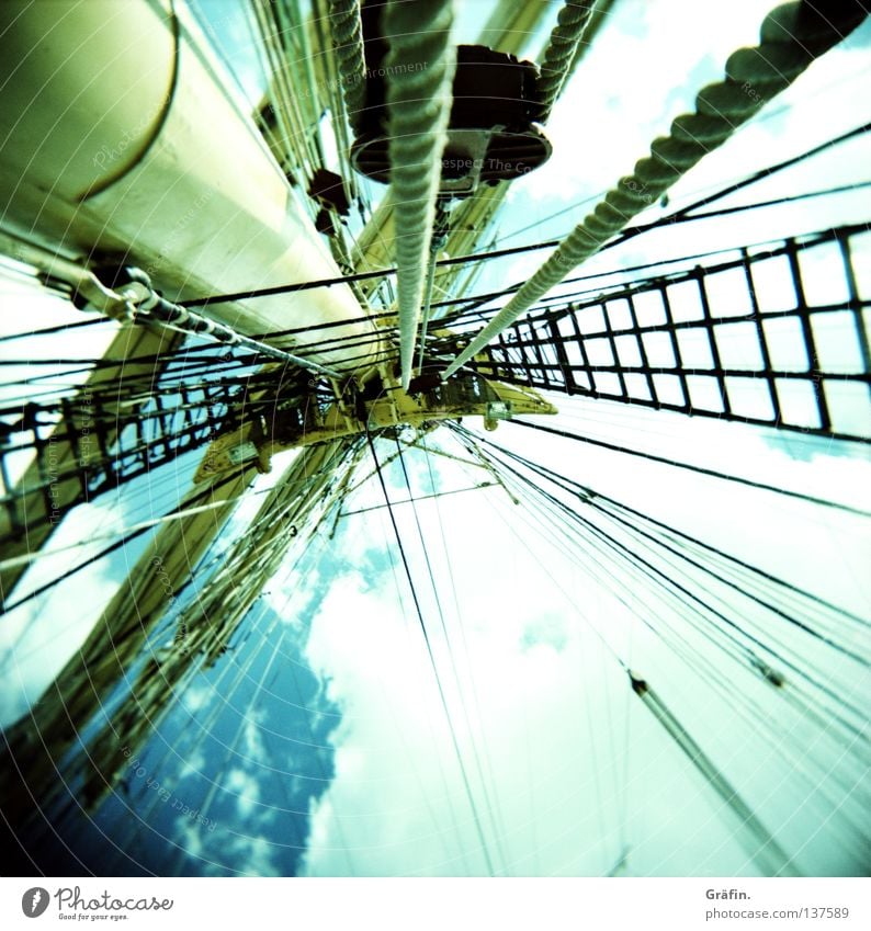 harbour birthday Watercraft Clouds Holga Rope Shrouds Wood Sailing ship Navy Block Tall ship Beautiful weather Far-off places Elapse Drop anchor Vantage point