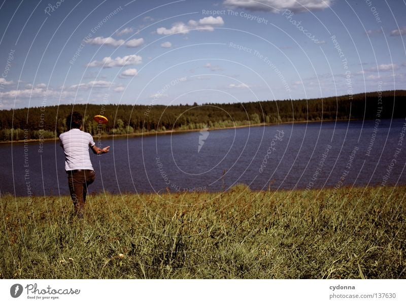 Catch me! Playing Leisure and hobbies Frisbee Panorama (View) Spring Summer Breathe Romp Clouds To enjoy Relaxation Lake Reservoir Meadow Relationship Time