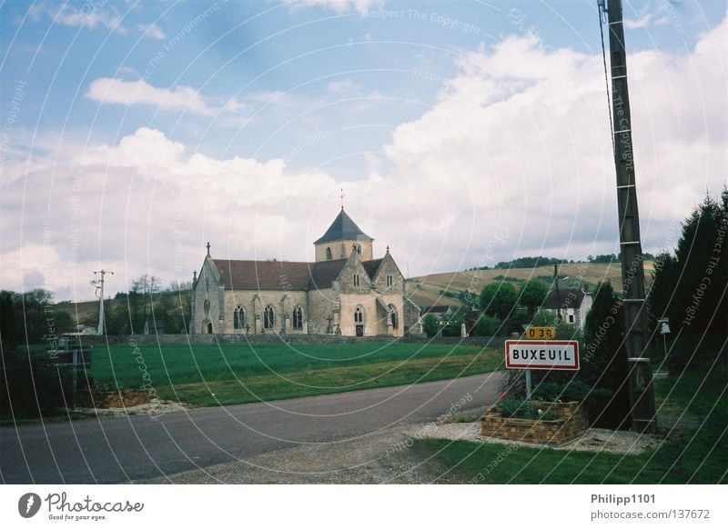 Entering Buxeuil Champagne France Village Rural Town sign Historic Church Outskirts Deserted Idyll Picturesque Copy Space top Village road Wine growing