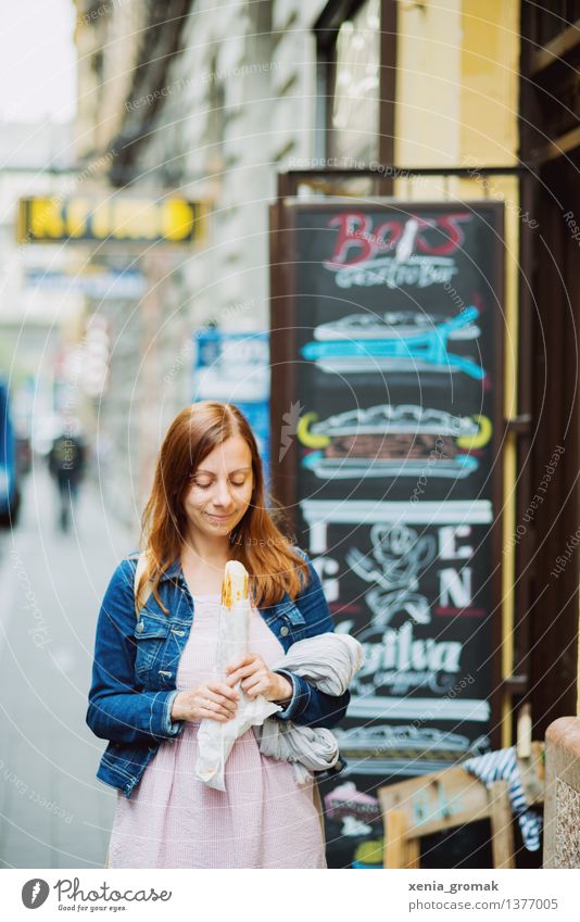 Young woman with a baguette travel Eating Culture Adventure Vacation & Travel Trip Freedom Tourism delightful enjoyment In transit Wanderlust Summer vacation