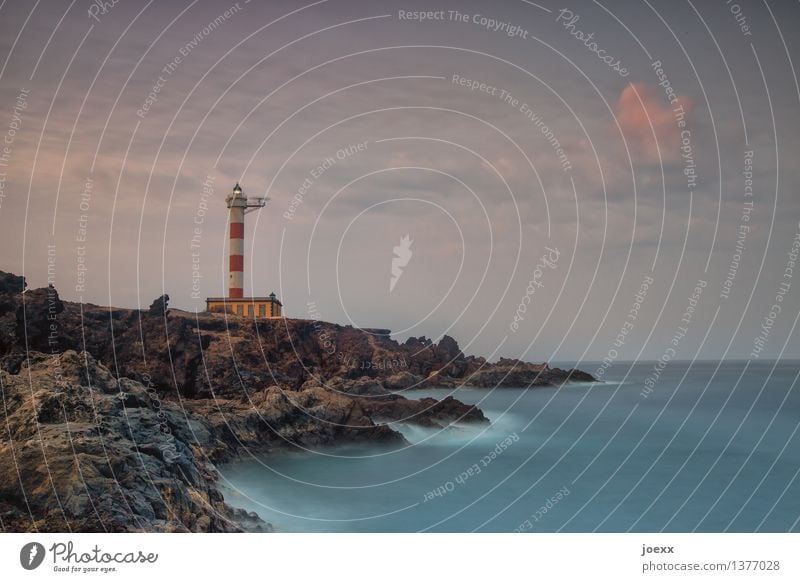 awake Landscape Water Sky Clouds Summer Beautiful weather Hill Rock Waves Coast Island Tenerife Lighthouse Old Large Wild Soft Blue Brown Red White curt