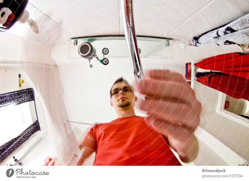 In the morning in the bathroom (2) Bathroom Washhouse Sink Tap Cleaning Worm's-eye view Soap Man Exceptional Water Morning White Pure Do the dishes Fisheye