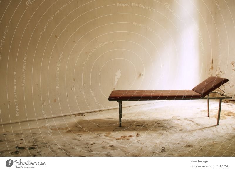 SLEEPING PLACE Room Wall (barrier) Wall (building) Dirty Gloomy Brown Gray White Transience Couch Framework Derelict Wooden bed Archaic Beige Treatment room