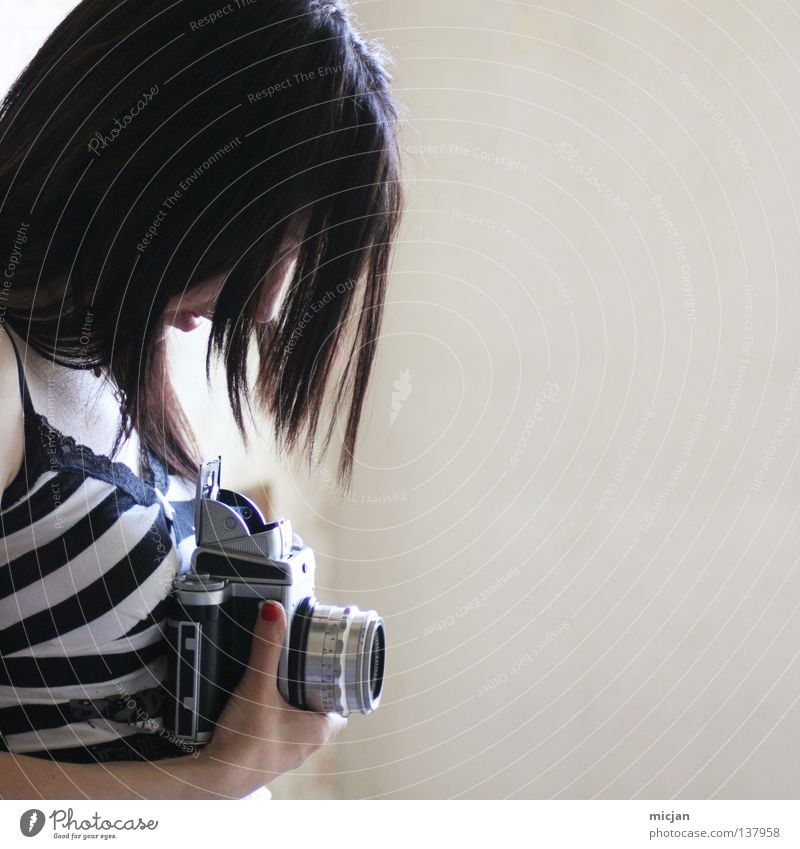 soul Woman Feminine Beautiful Style Photography Take a photo Striped Motive Analog Medium format Square Black Black-haired Hand Camera Gray Decent Timidity Calm