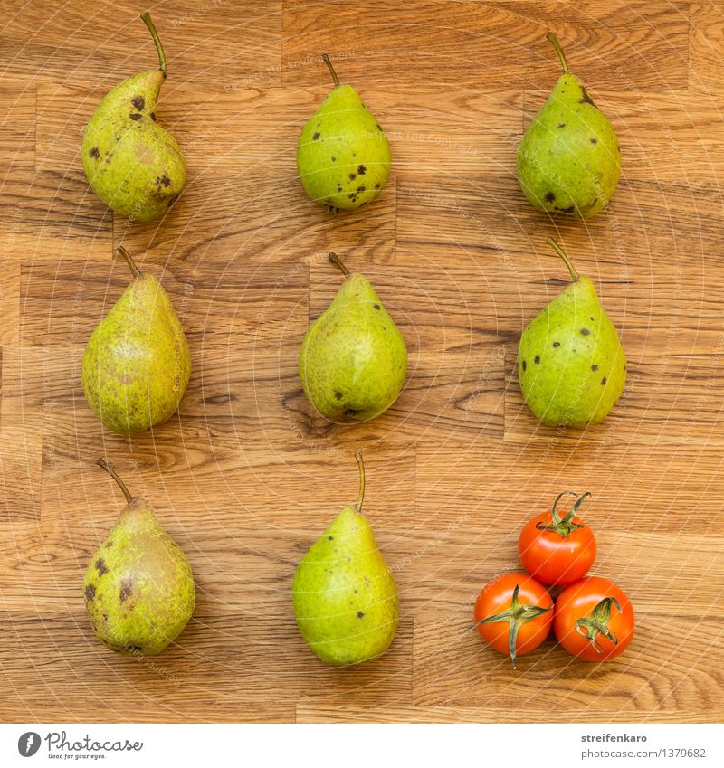 Eight pears and three tomatoes, regularly arranged on a wooden table Food Vegetable Fruit Pear Tomato Nutrition Organic produce Vegetarian diet Diet Slow food