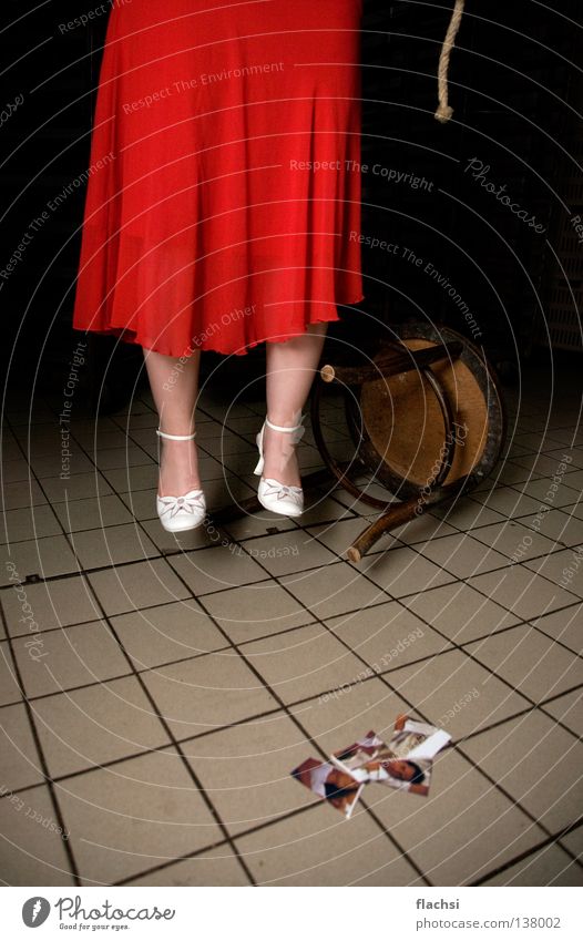 crime scene suicide Crime scene Criminality Suicide Red Black Dress String End Hanging Grief Distress Death Murder Chair Rope Tile Argument relationship crisis