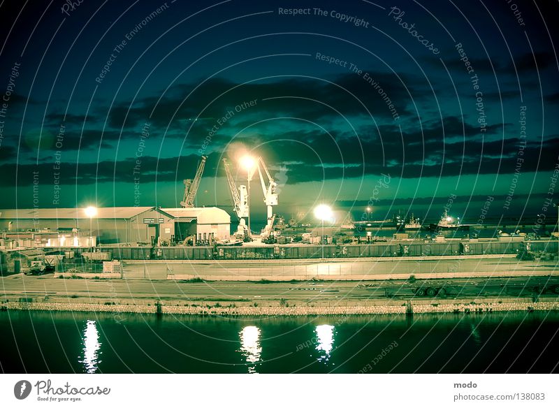 night shift Light Night Crane Ocean Waves Jetty Wall (barrier) Clouds Reflection Lamp Sardinia Ferry Harbour Industrial Photography Warehouse Water Blue Sky