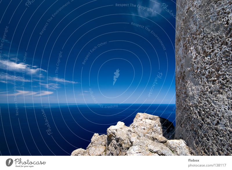 LOOK OUT! Ocean Coast Cliff Mainland Lake Sea water Seagull Wait Watch tower Lookout tower Fastening Spain Majorca Cap Formentor Steep Stone Stony Blue Clouds