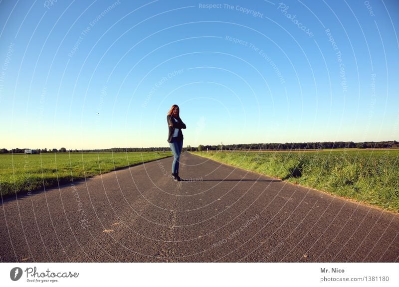 Orientation far away Feminine Woman Adults 1 Human being Environment Nature Landscape Cloudless sky Summer Beautiful weather Field Street Lanes & trails Stand