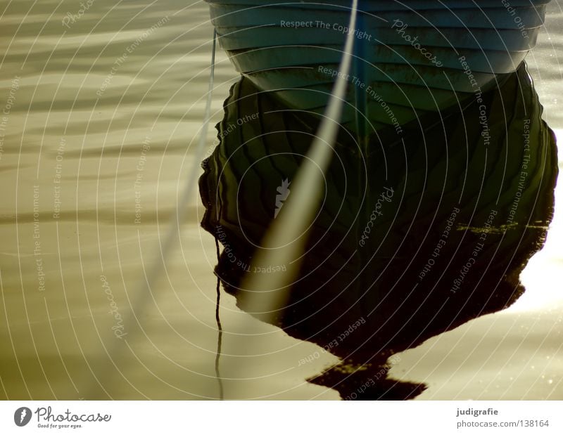 harbor Rope Watercraft Fishing boat Fishery Maritime Anchor Fastening Evening sun Back-light Dream Blur Reflection Surface of water Calm Harbour Colour Lamp