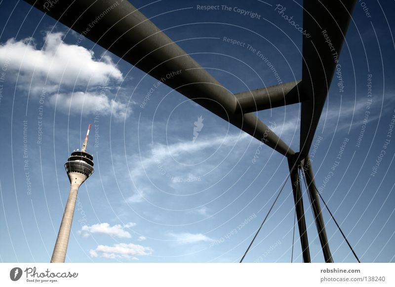 Skurile subtle Rheinturm Clouds Abstract Subtle Steel Landmark Monument Duesseldorf Sky Perspective Bridge Tower Clarity Structures and shapes Germany