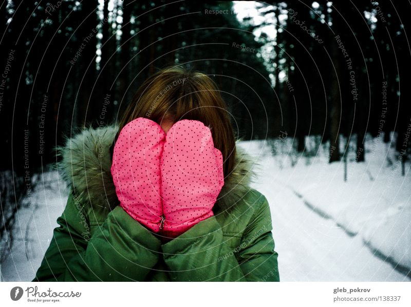 snow Winter Pink amid forest russia clothes hair hands